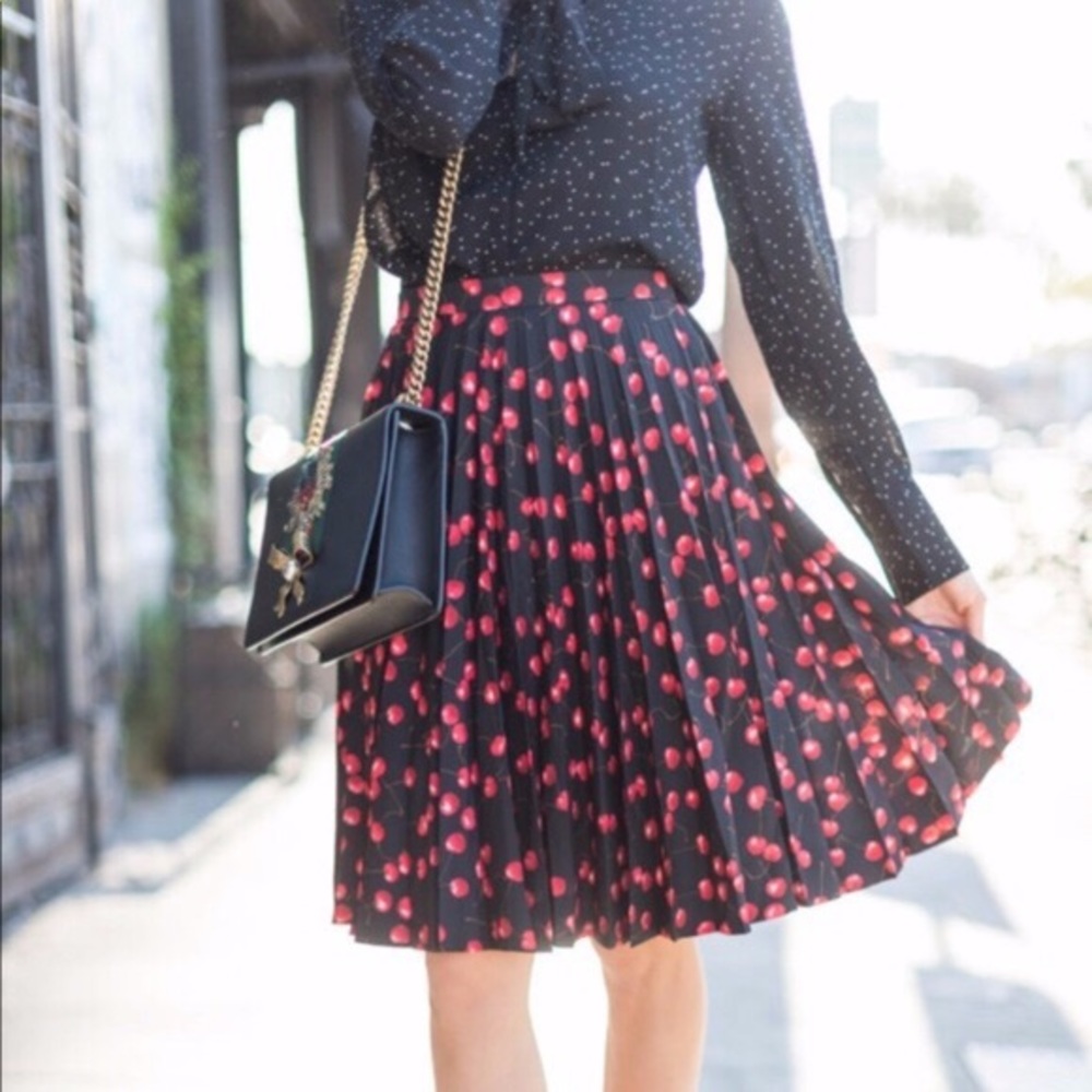 J. Crew Black Pleated Cherry Skirt 10 - Picture 2 of 4